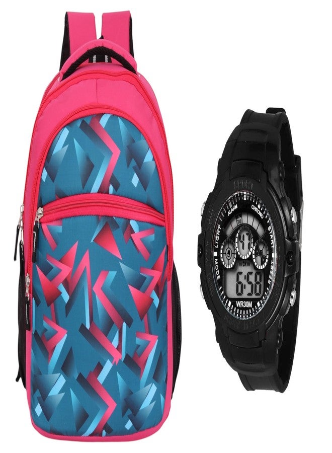 RBM New Combo Of Digital LED Watch And Trendy Colorful Pattern Printed Kids School Backpack Waterpoof Polyester Bag For Boys & Girls (NUR/LKG/UKG/1st/2nd Class)(RBMBAG06+WCH42) - Image 1